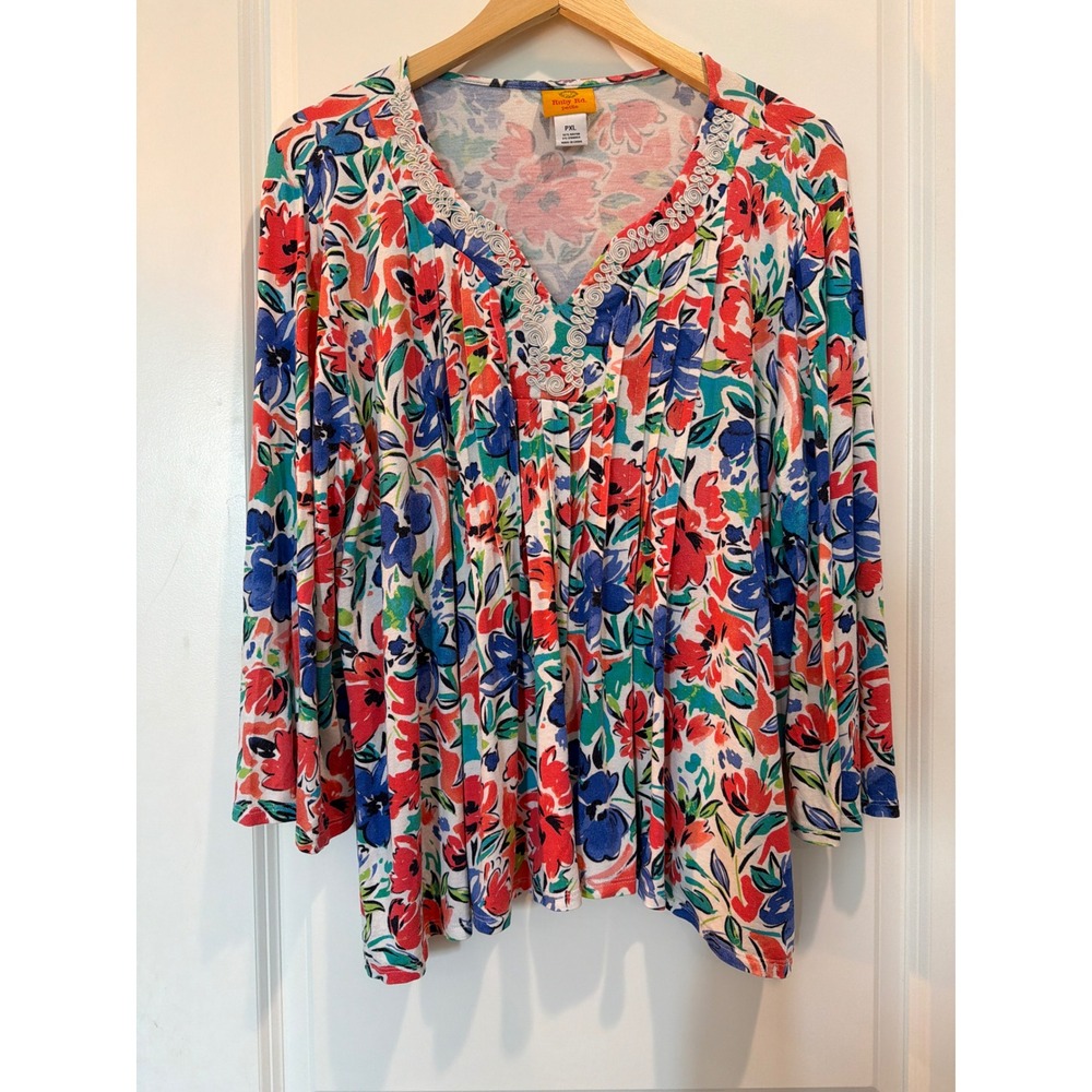 Ruby Rd Petite PXL Floral V-Neck Top Red Blue 3/4 Bell Sleeve 64957